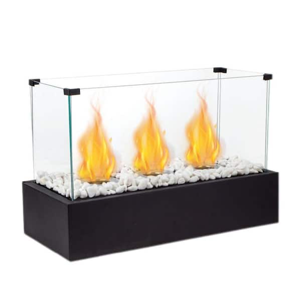 18 in. Tabletop Vent-Free Triple-Flame Bioethanol Fire Feature, Square Black Stainless Steel Burner Portable Ambiance