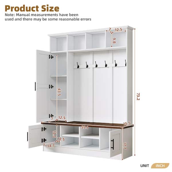 Nestfair 3-in-1 White Hall Tree with 6 Hooks, Storage Bench