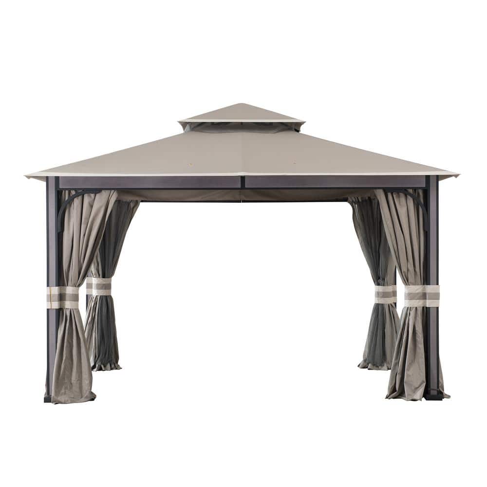 Light Gray 11 x 13 ft. Steel Frame 2-Tier Gazebo with Netting and Curtains