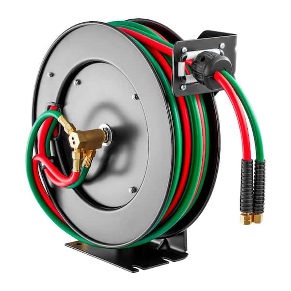 Retractable Welding Hose Reel, 1/4 in. x 50 ft. Twin Oxygen Acetylene Rubber Hose Max 300PSI-R Grade, for Workshops