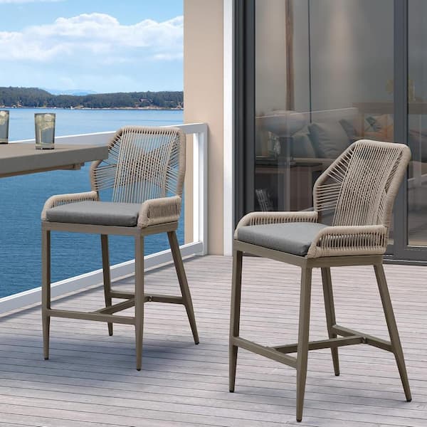 PURPLE LEAF Modern Aluminum Twill Wicker Woven Counter Height Outdoor Bar Stool with Back and Sunbrella Gray Cushion (2-Pack)