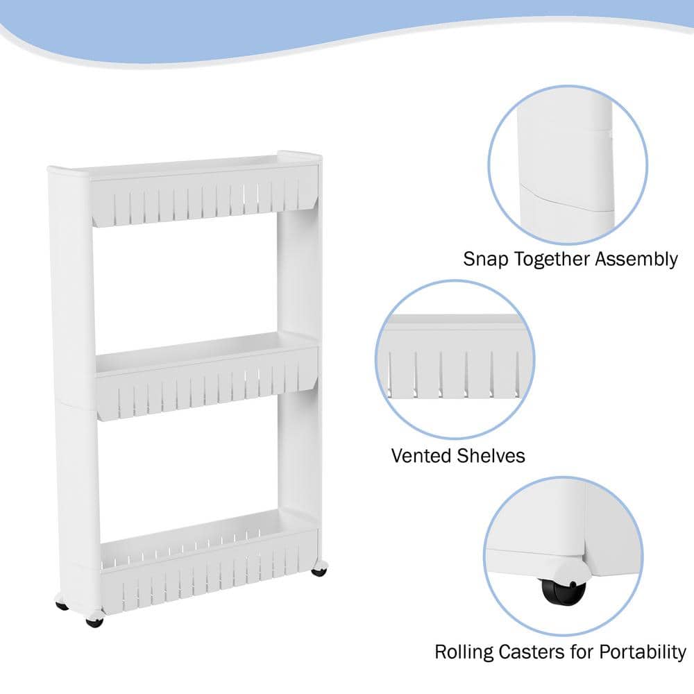 White 3-Tier Slim Rolling Storage Cart for Tight Spaces