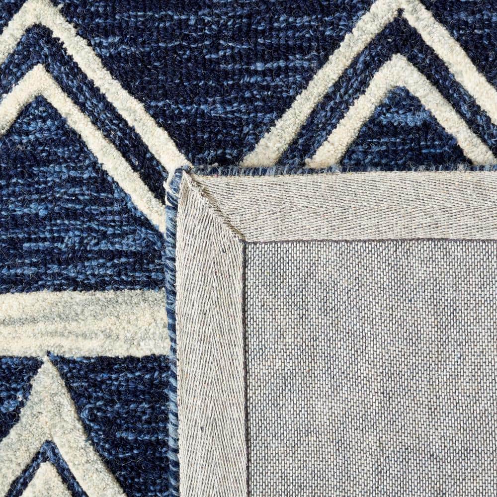 Ivory and Navy Tufted Wool Abstract Square Rug