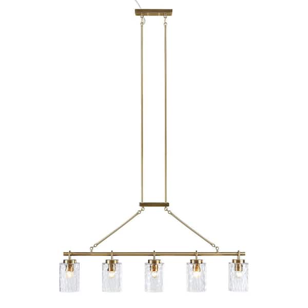 Vintage 5-Light Antique Brass Chandelier with Textured Glass Cylindrical Shades Linear Design for Entryway(No Bulbs)