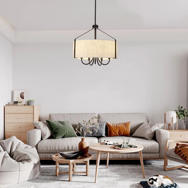 5-Light Black Candlestick Hanging Linear Chandelier Lighting Fixture with Cloth Shade for Kitchen Island