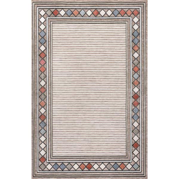 Sebastian Brown/Ivory 8 ft. x 10 ft. High-Low Modern Diamond Border Indoor/Outdoor Area Rug