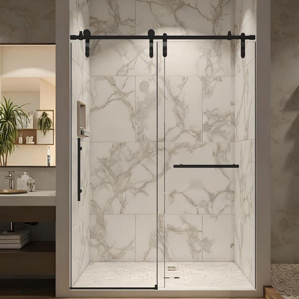 56-60 in. W x 76 in. H Frameless Single Sliding Shower Door with 5/16 in. Clear Glass, Stainless Steel, Matte Black
