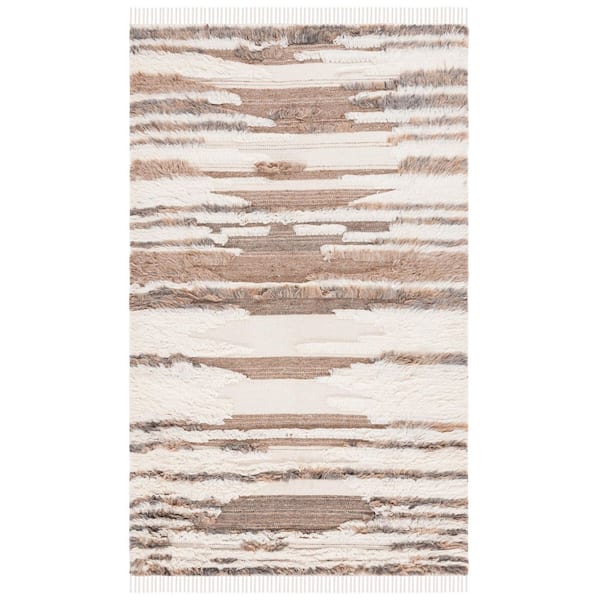 Kenya 8 ft. x 10 ft. Ivory/Brown Striped High-Low Fringe Area Rug