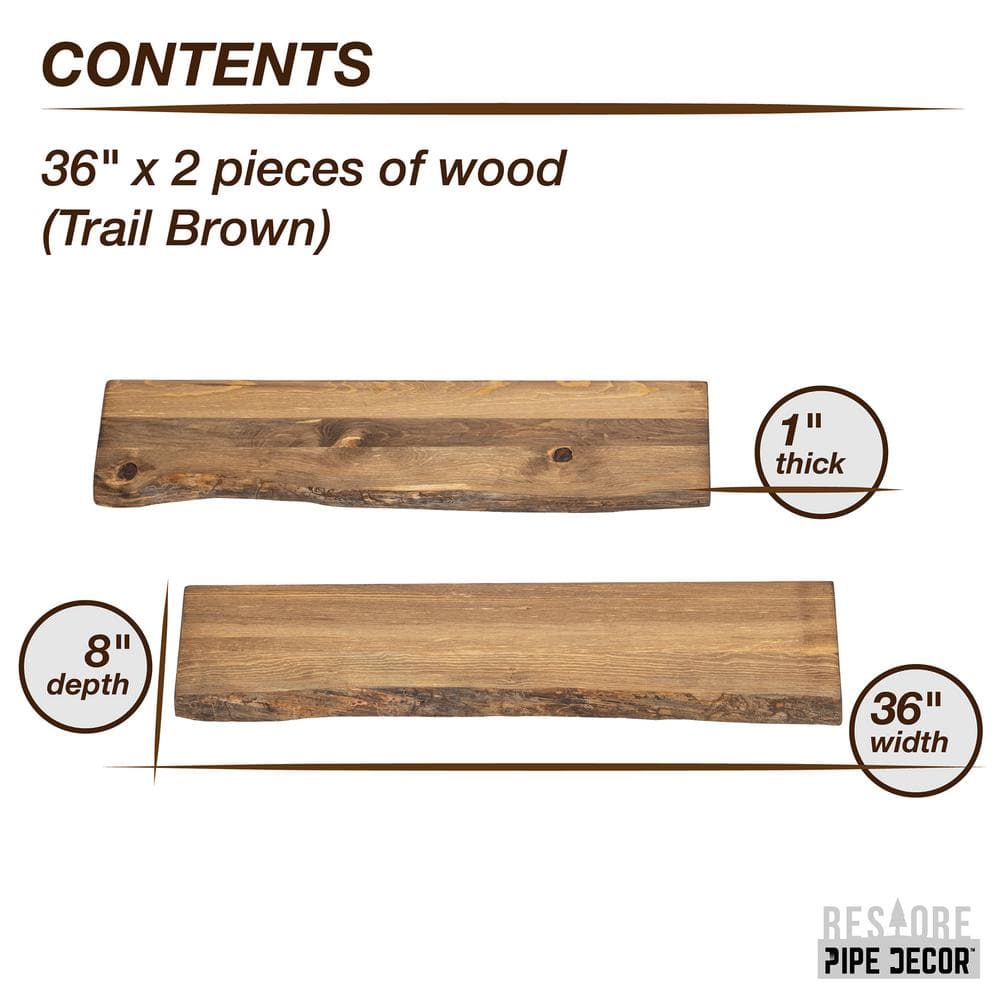 36" Medium Brown Solid Pine Live Edge Wall Shelf Set