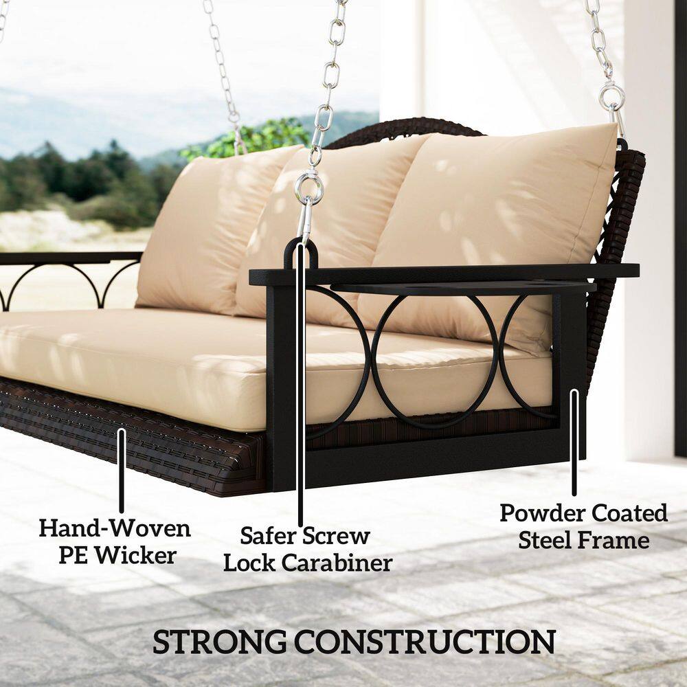 Brown Wicker Hanging Porch Swing with Beige Cushions and Steel Frame
