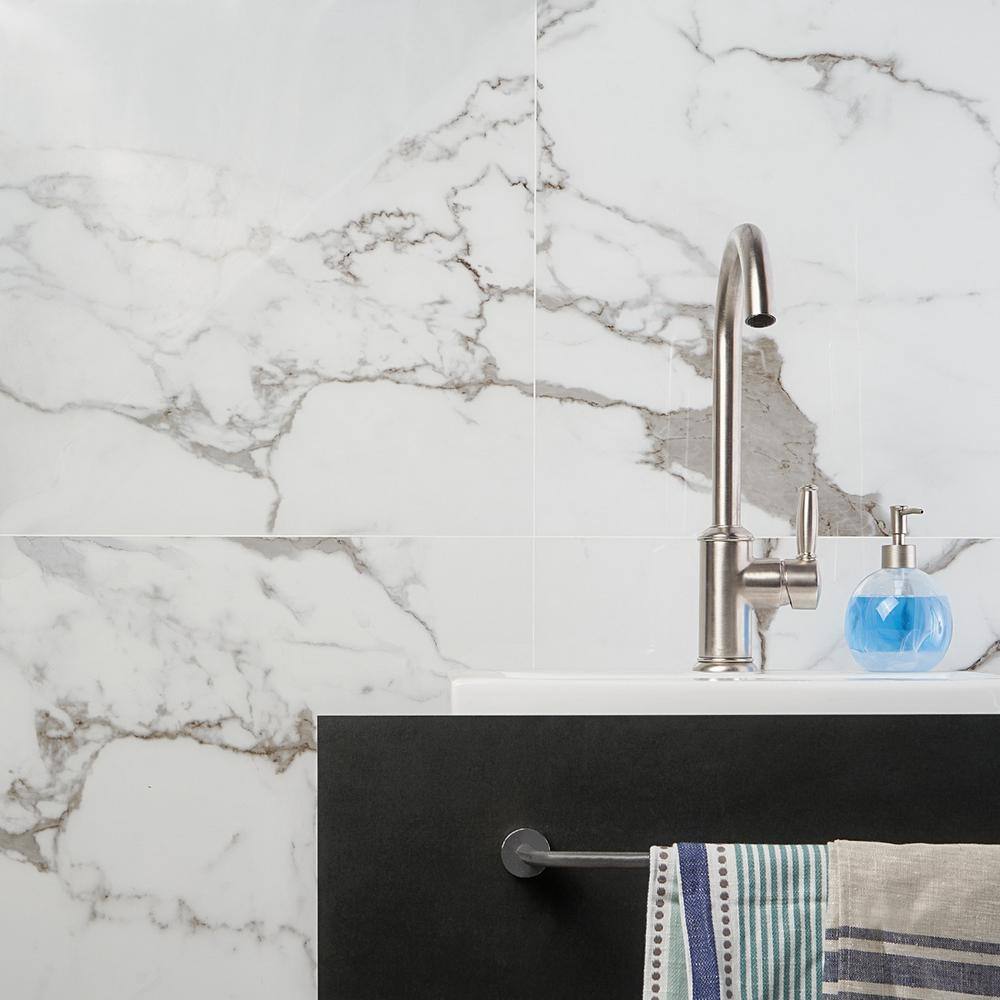 24" x 24" Polished White Porcelain Marble Look Tile