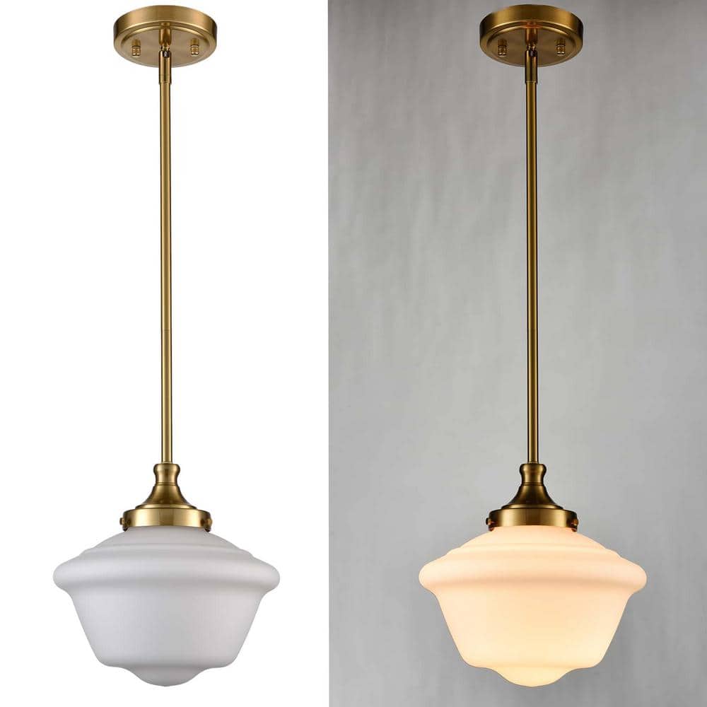 Gold Milk Glass Schoolhouse Pendant Light with Adjustable Rod