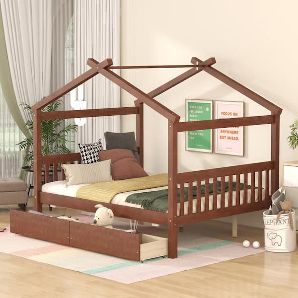Harper & Bright Designs Walnut Full Size Wood House Bed, Kids Bed with 2 Drawers