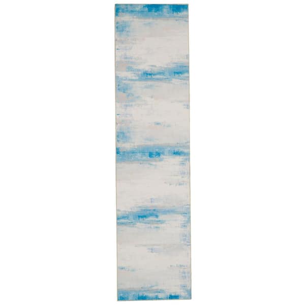 Washable Ivory 2 ft. x 8 ft. Modern Woven Abstract Polyester Rectangle Indoor Area Rug
