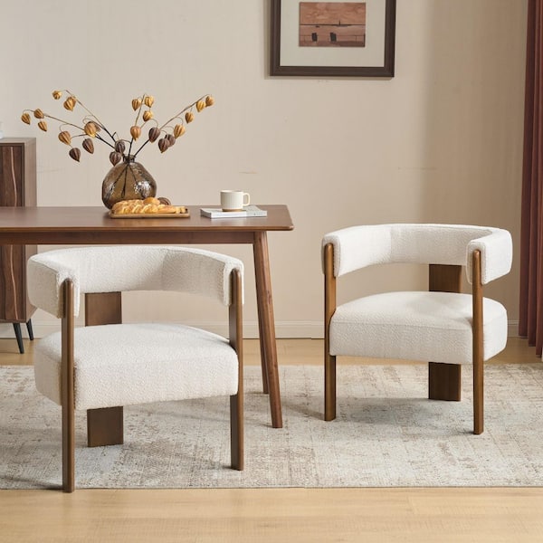 Modern Dark Walnut and Beige Boucle Upholstered Dining Chairs with Curved Open Back (Set of 2)
