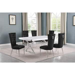 Miguel 5-Piece Rectangle White Wood Top Silver Stainless Steel Dining Set with 4 Black Velvet Chairs