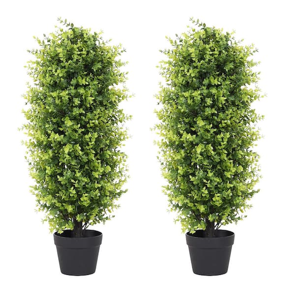 poetree 2 Pack 3 ft. Artificial Topiaries Boxwood Eucalyptus Trees with Black Pot