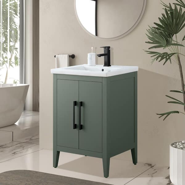24 in. W x 18.5 in D x 34 in. H Single Sink Bathroom Vanity Cabinet in Vintage Green with Ceramic Top