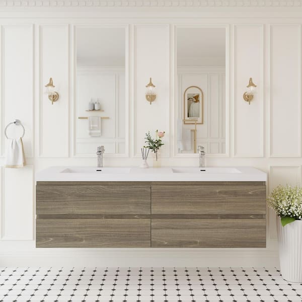 ANGELES HOME 72 in. W Floating Bathroom Vanity in Ash Grey with White Resin Top Basin, 4 Soft Close Drawers