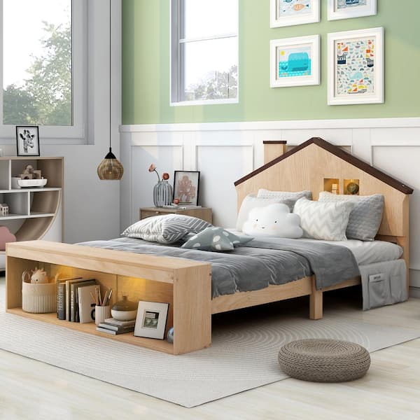 Nestfair Brown Wood Frame Full Size Platform Bed with LED Lights and Storage