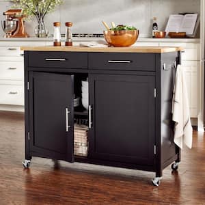 Glenville Black Rolling Kitchen Cart with Butcher Block Top and Double-Drawer Storage (42 in. W)
