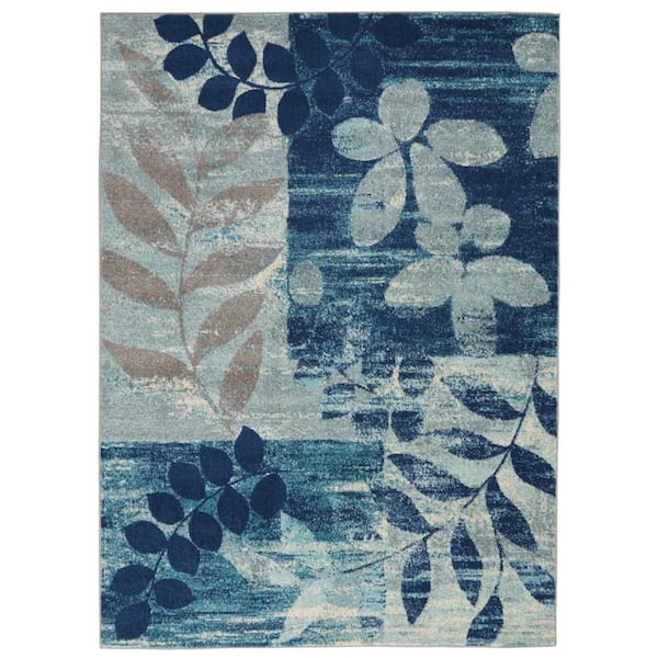 5 ft. x 7 ft. Blue and Gray Botanical Leaves Area Rug