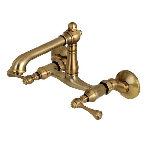 Kingston Brass English Country 2-Handle Wall-Mount Standard Kitchen Faucet in Antique Brass