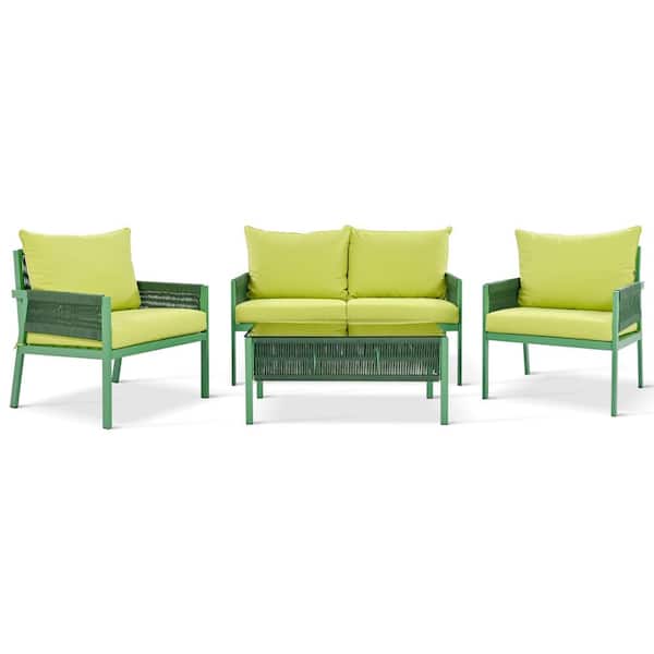 Unbranded Green 4-Piece Metal Outdoor Sectional Set, Patio Conversation Set with Thick Green Cushions for Backyard Porch Balcony