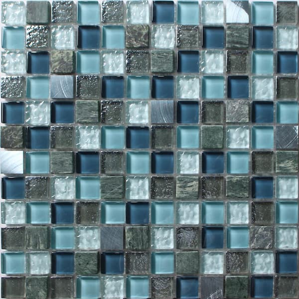 HOUSE OF MOSAICS Brixton Blue Backsplash 3.93 in.x 3.93 in. Square Matte Marble Glass Metal Mosaic Wall Tile Sample (0.11 sq. ft./Ea)