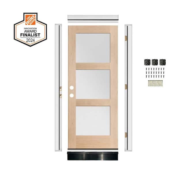 DIY 36in.x80in. Modern Right-Handed 3-Lite Frosted Glass Unfinished Hemlock Wood Front Door Kit w/ Quick Assemble Jamb