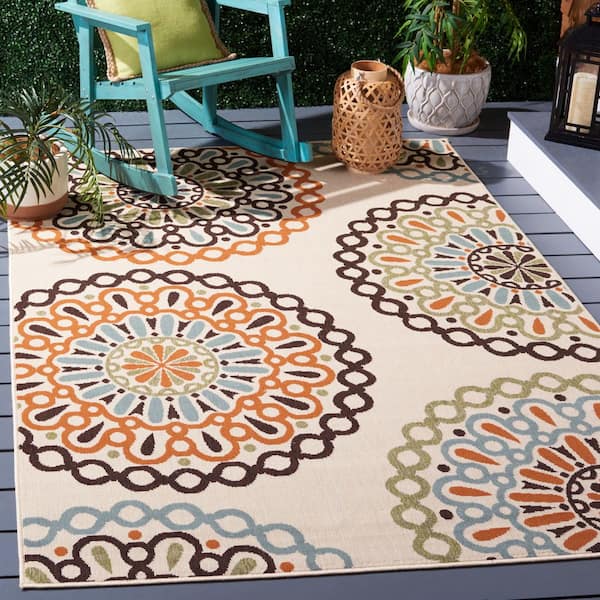 Veranda Cream/Terracotta 3 ft. x 3 ft. Geometric Floral Indoor/Outdoor Square Area Rug