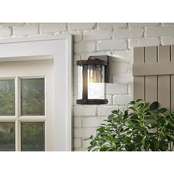 Collier 11.12 in. 1-Light Matte Black and Darker Brown Outdoor Wall Light Lantern Sconce with Clear Seeded Glass