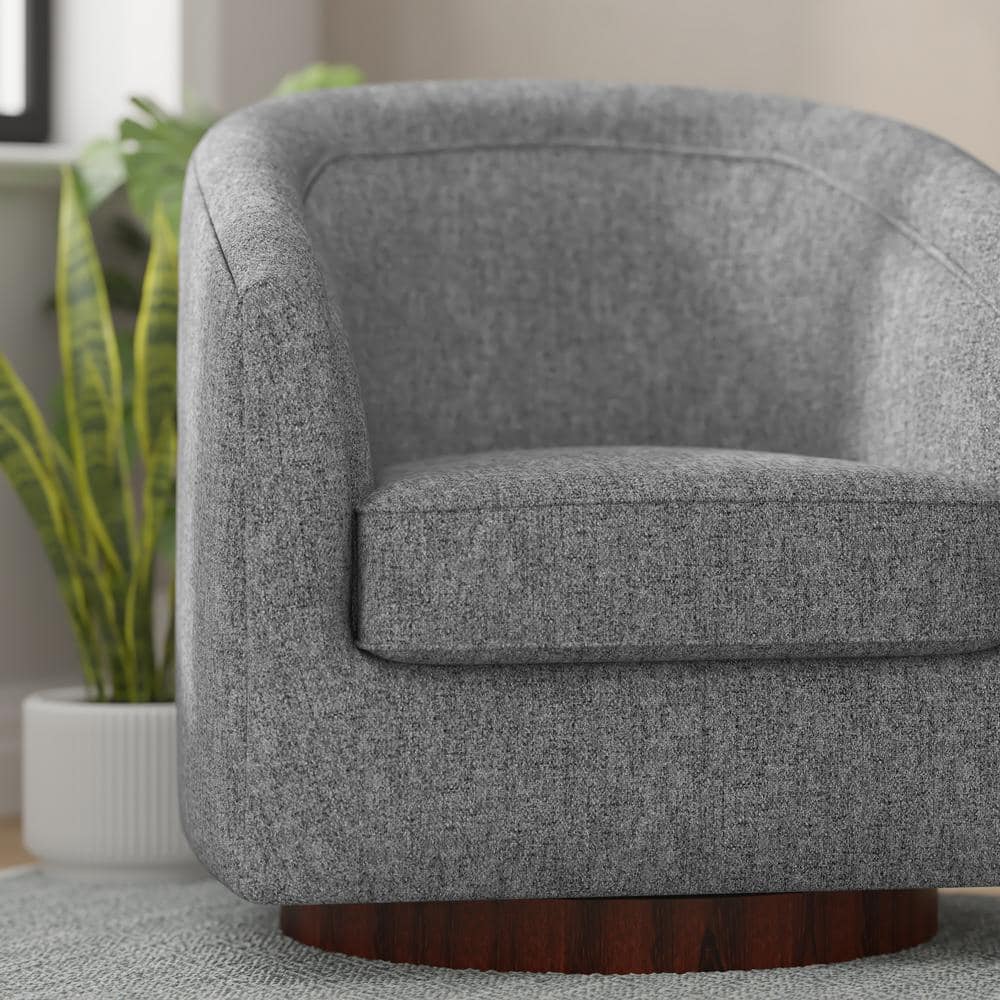 Gray Faux Leather Swivel Barrel Accent Chair with Wood Base