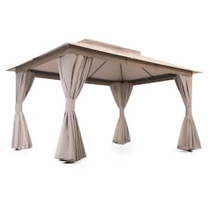 10 ft. x 13 ft. Khaki Outdoor Patio Gazebo with Double Roof, Nettings and Privacy Screens