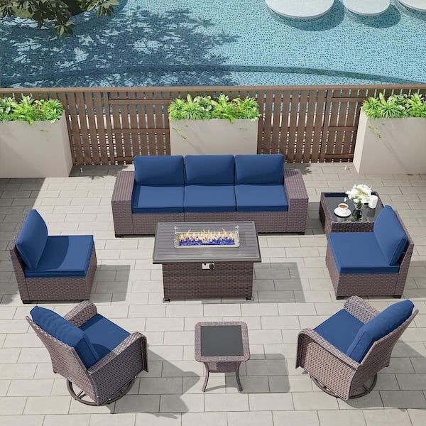 Halmuz 10-Piece Wicker Patio Conversation Set with 55000 BTU Gas Fire Pit Table, Glass Coffee Table and Swivel Rocking Chairs