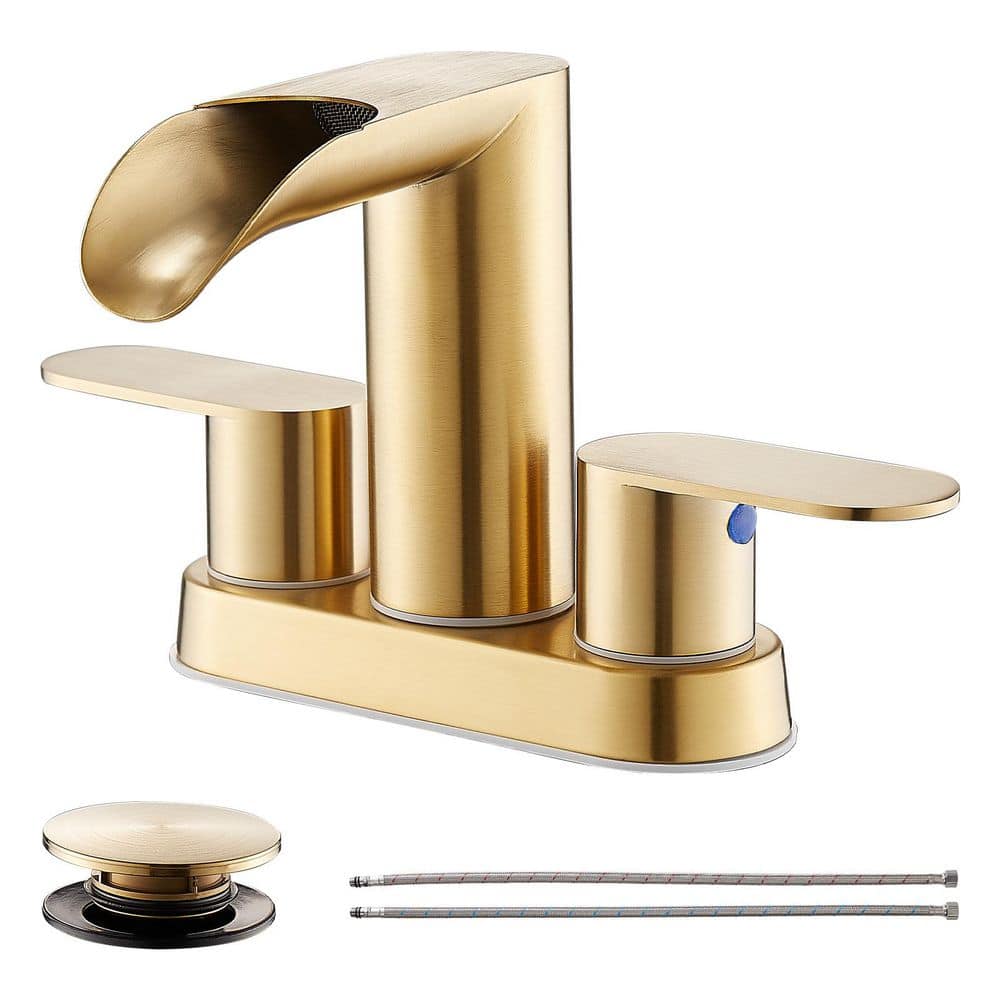 Filtered 4 in. Centerset Double Handle Low Arc Bathroom Sink Faucet with Drain Kit 1.2 GPM in Brushed Gold 1-Pack price history on PriceWatchPro