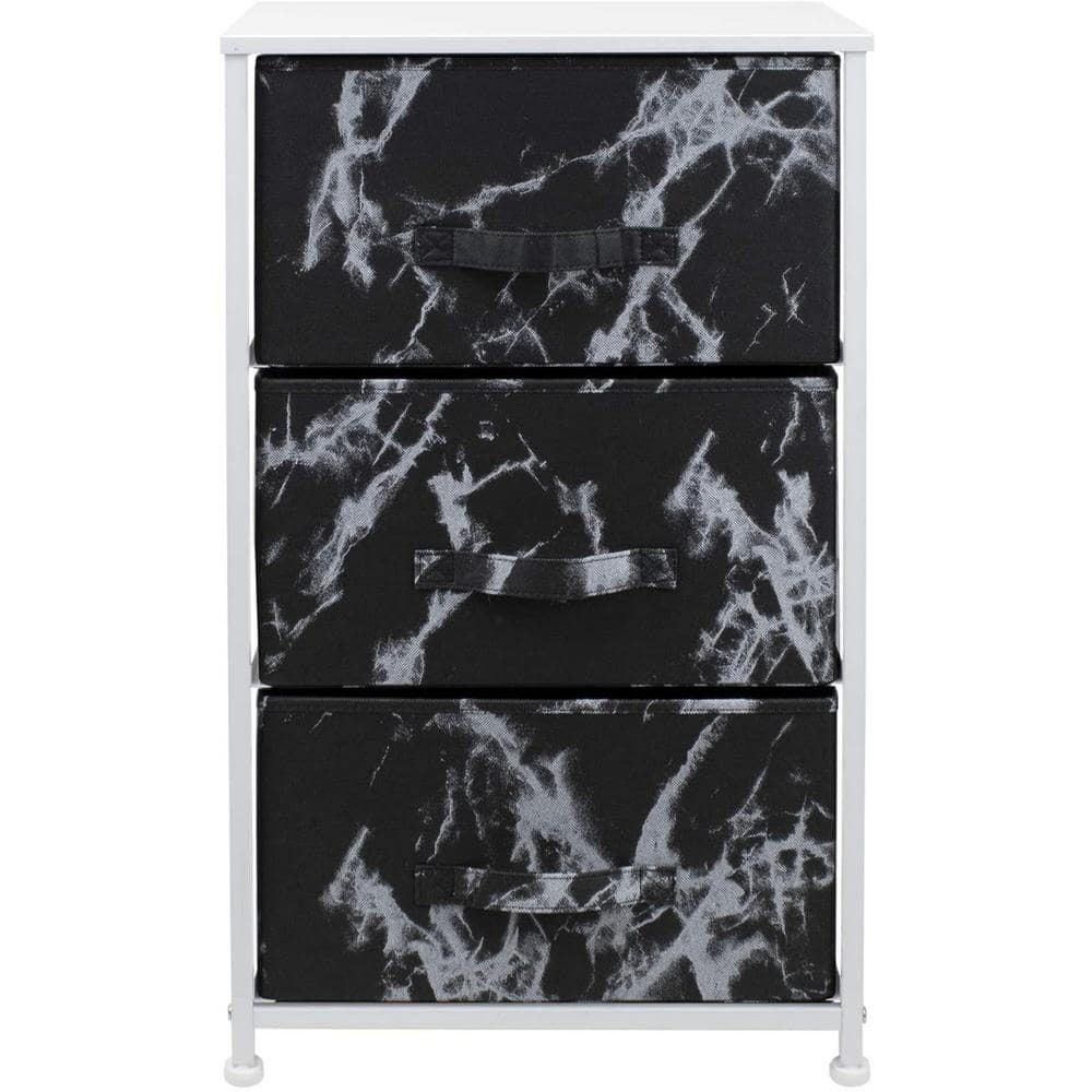 White Frame Black Marble 3-Drawer Nightstand with Fabric Bins