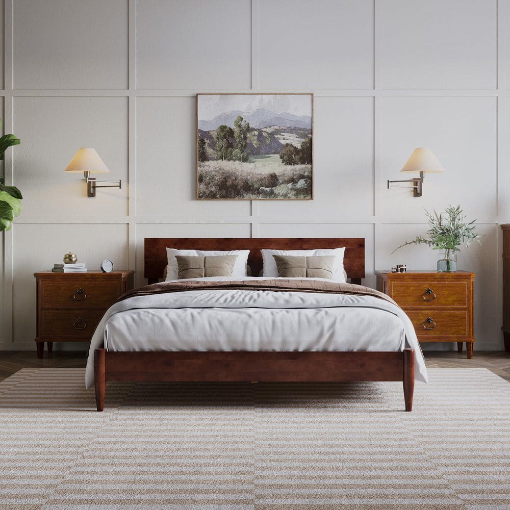 Aria Queen Walnut Wood Low Profile Platform Bed with Headboard