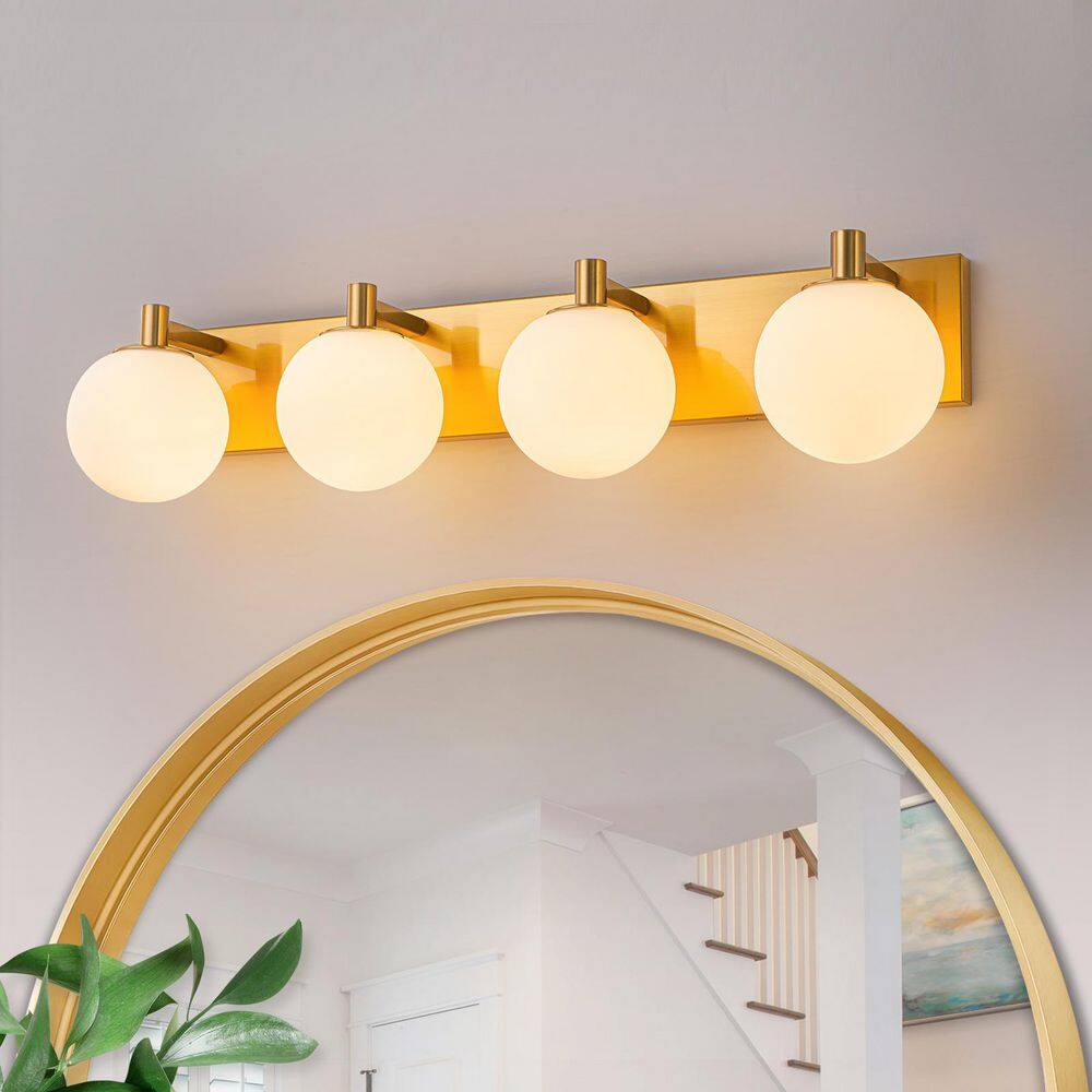 Orillia 29.5 in. 4-Light Gold Bathroom Vanity Light with White Globe Glass Shade price history on PriceWatchPro