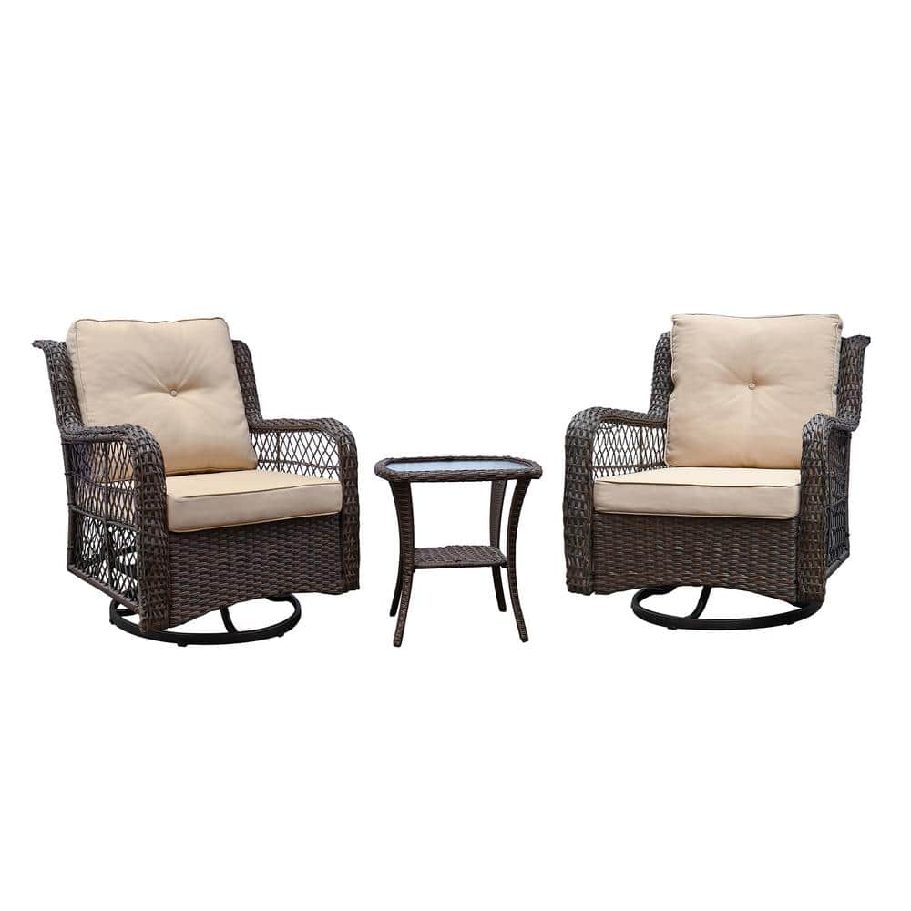3-Piece Wicker Outdoor Bistro Set with khaki Cushions and Tempered Glass To