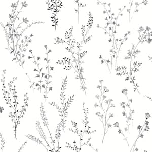 Black and White Wildflower Sprigs Matte Non Woven Paper Peel and Stick Wallpaper Roll