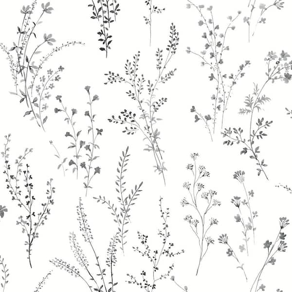York Wallcoverings Black and White Wildflower Sprigs Matte Non Woven Paper Peel and Stick Wallpaper Roll