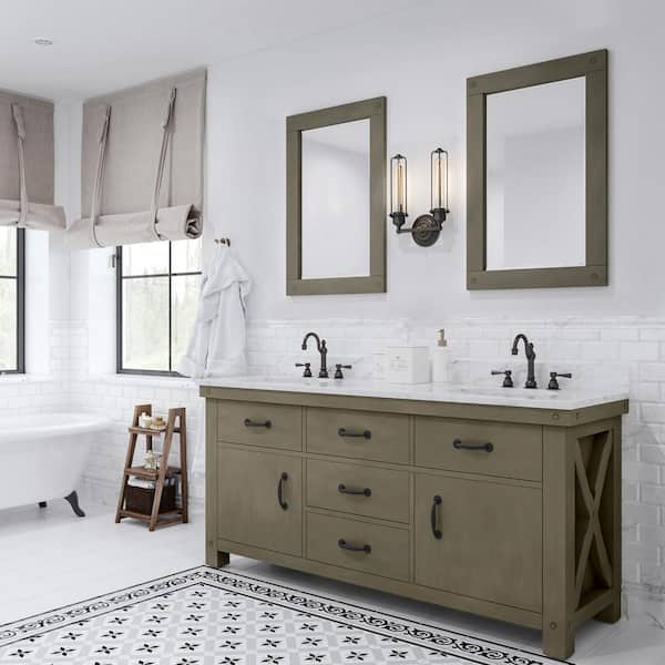 Water Creation Aberdeen 72 in. W x 34 in. H Vanity in Gray with Marble Vanity Top in Carrara White with White Basins Mirrors Faucets