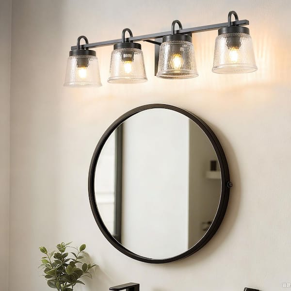 30.9 in 4-Light Matte Black Vanity Light with Modern Wavy Glass Canopy Suitable for Bathrooms and Hallways