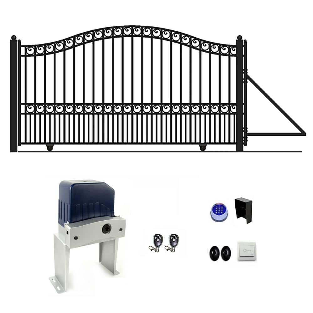 London Style 12' Black Steel Sliding Driveway Gate with Opener