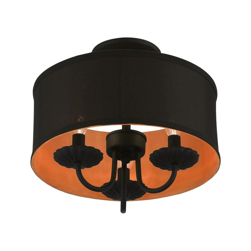 Transitional Black Glass Drum Semi-Flush Mount with Silky Orange Accent