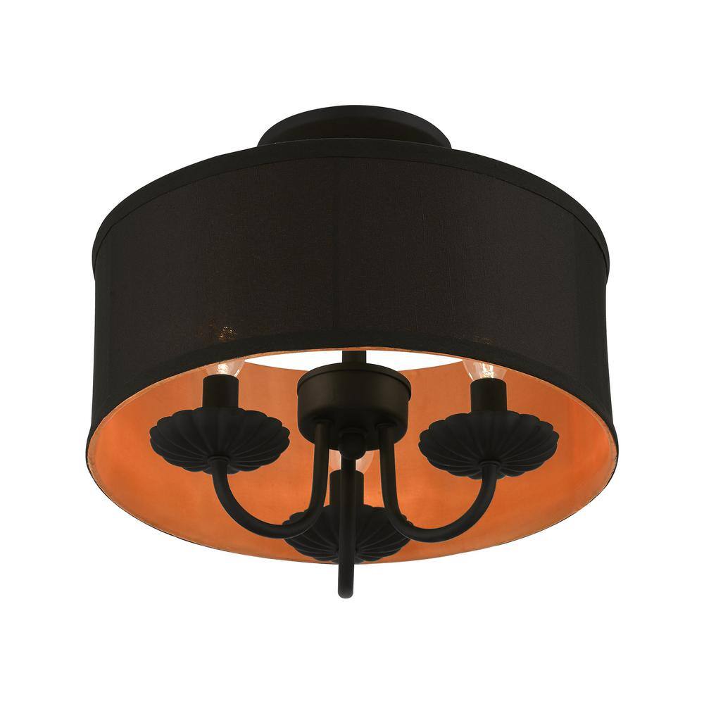 Transitional Black Glass Drum Semi-Flush Mount with Silky Orange Accent