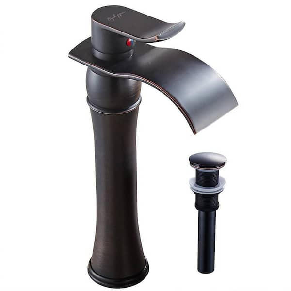 FLG Single Handle Single Hole Waterfall Bathroom Vessel Sink Faucet with Pop-Up Drain Assembly Included in Oil Rubbed Bronze