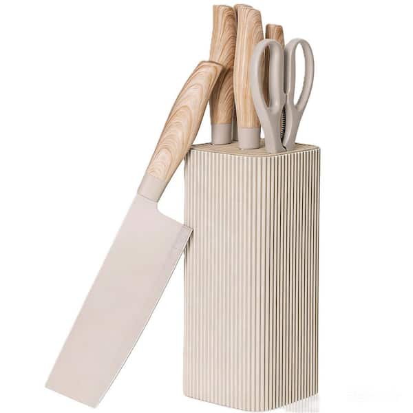 6-Piece Stainless Steel Knife Set with Block, Ultra Sharp, Wood Grain Handle, Dishwasher Safe Knife Block Set, Khaki