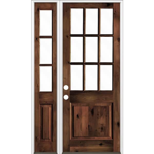 50 in. x 96 in. Knotty Alder Right-Hand/Inswing Clear Glass Red Mahogany Stain Wood Prehung Front Door w/Left Sidelite